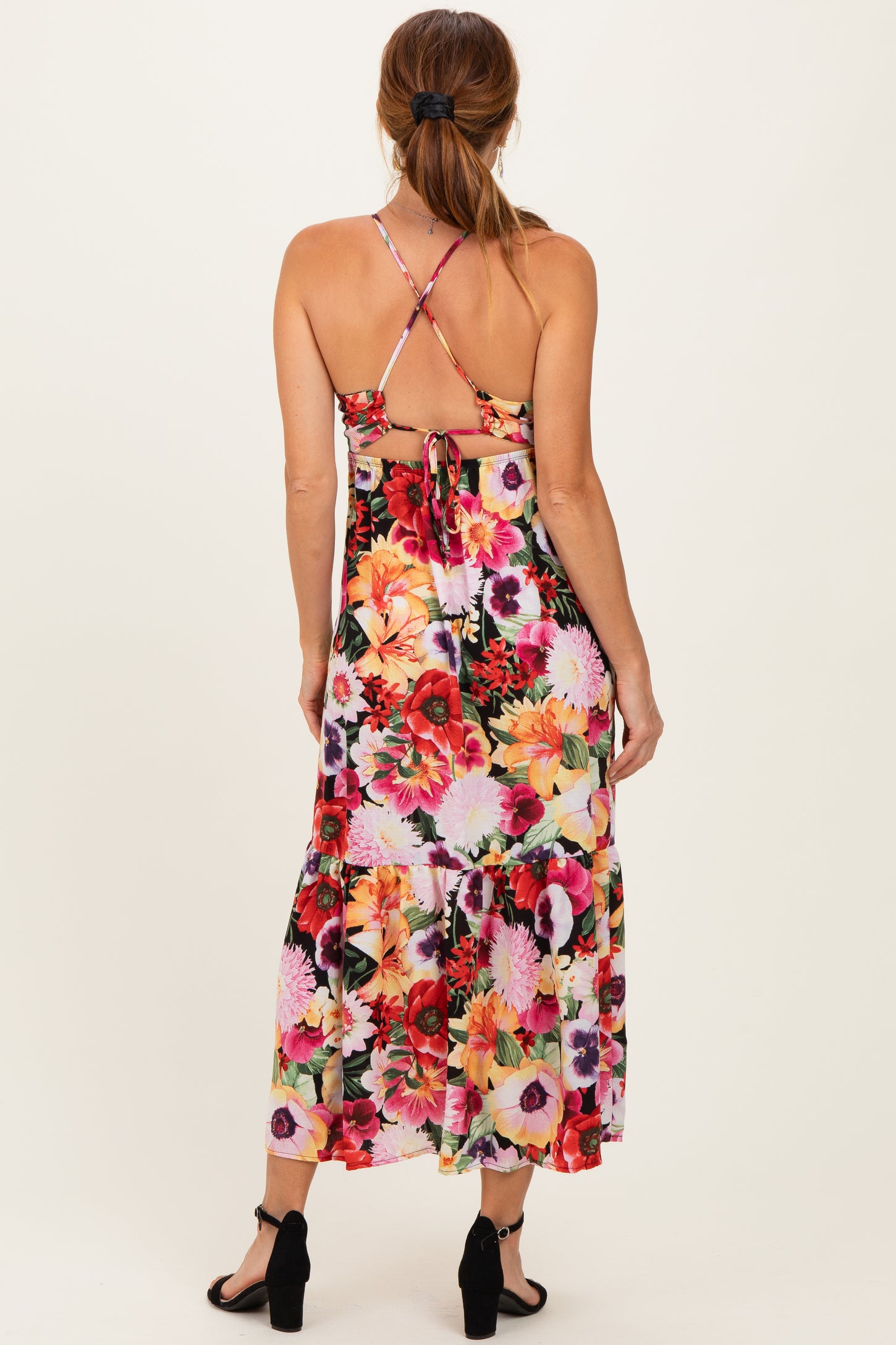 Black Floral Crisscross Back Midi Dress