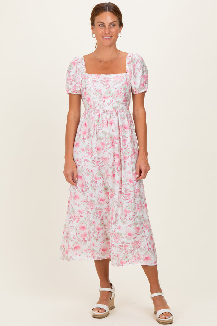 Pink Floral Crisscross Back Maternity Midi Dress
