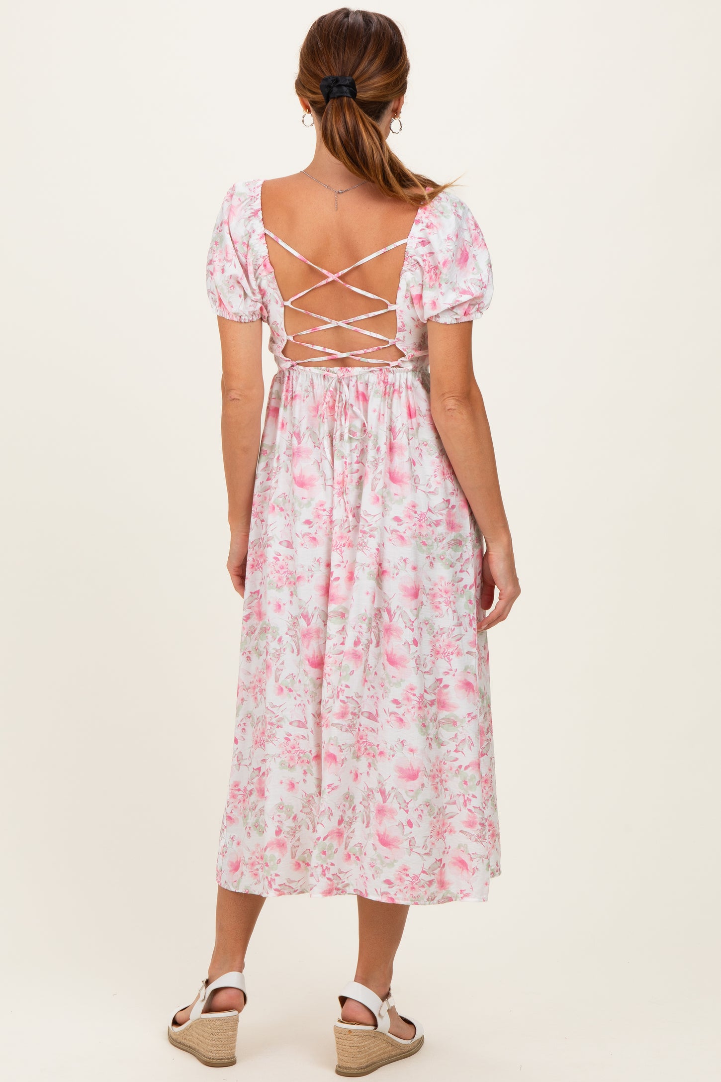 Pink Floral Crisscross Back Midi Dress