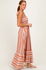 Rose Striped Smocked Shoulder Tie Midi Dress