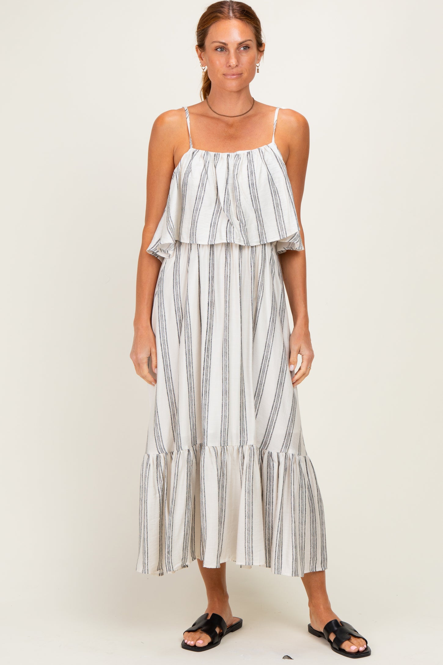 Black Striped Flounce Shoulder Tie Maternity Midi Dress
