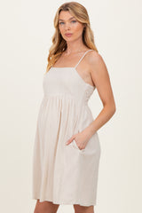 Oatmeal Linen Blend Bead Detail Maternity Mini Dress