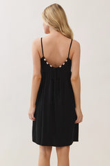 Black Linen Blend Bead Detail Mini Dress