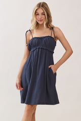Navy Cotton Gauze Ruffle Shoulder Tie Maternity Mini Dress