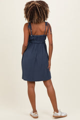 Navy Cotton Gauze Ruffle Shoulder Tie Maternity Mini Dress