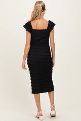 Black Smocked Ruffle Tier Maternity Midi Dress
