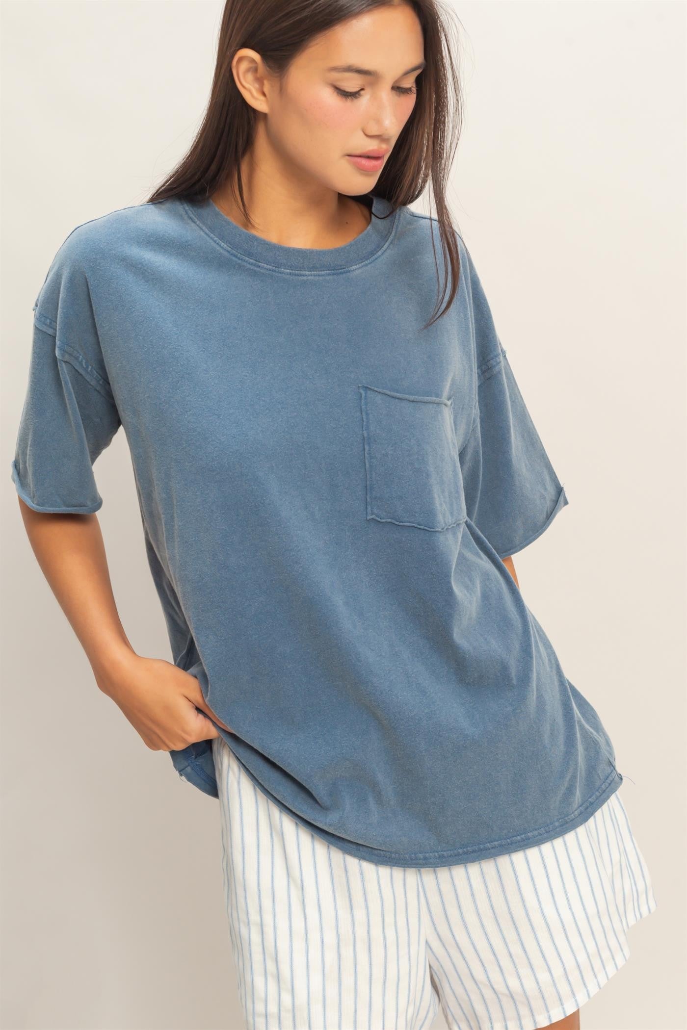 Light Navy Vintage Wash Raw Edge Pocket Maternity T-Shirt
