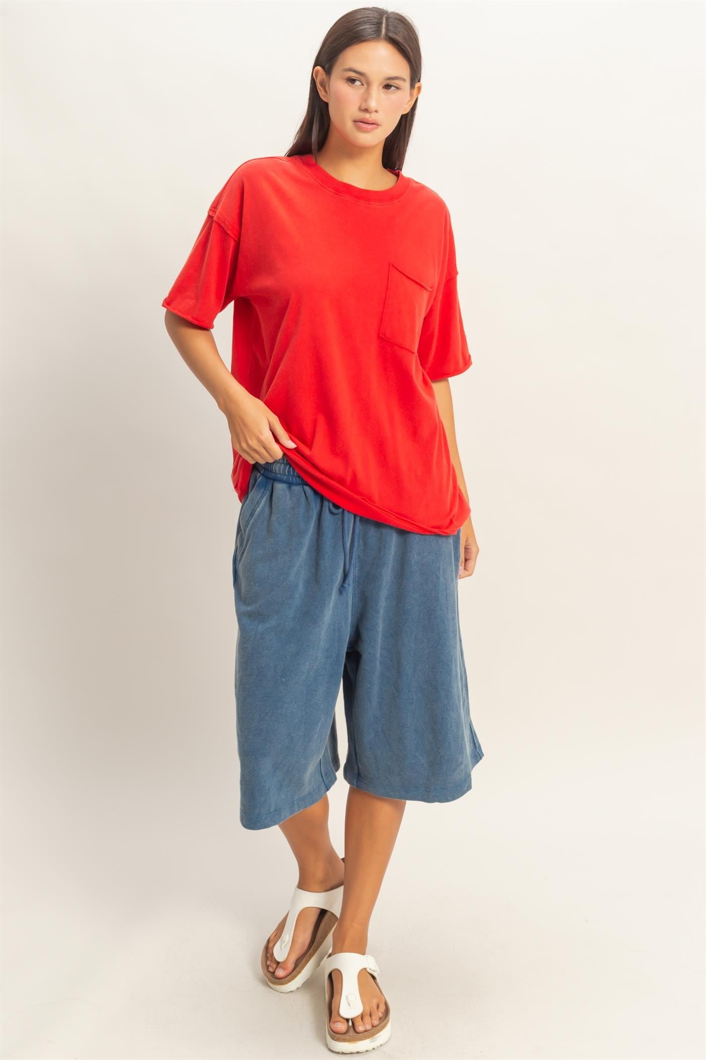 Red Vintage Wash Raw Edge Pocket T-Shirt