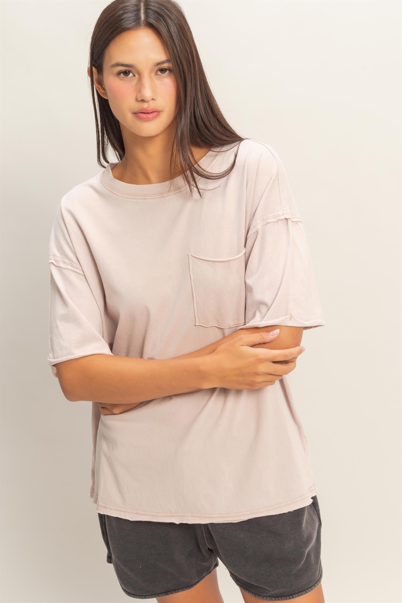 Light Taupe Vintage Wash Raw Edge Pocket T-Shirt