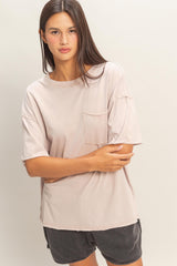 Light Taupe Vintage Wash Raw Edge Pocket T-Shirt