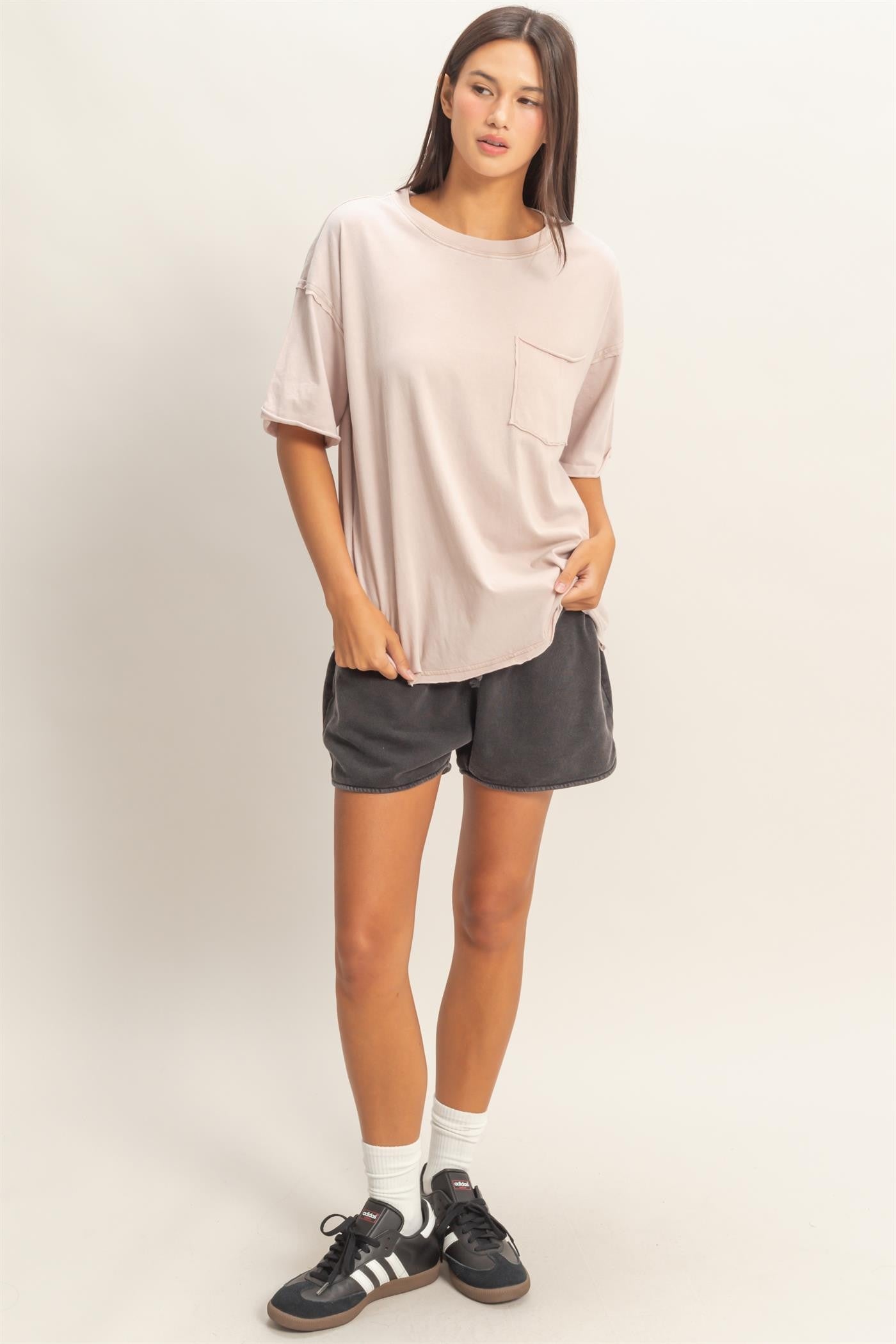 Light Taupe Vintage Wash Raw Edge Pocket T-Shirt