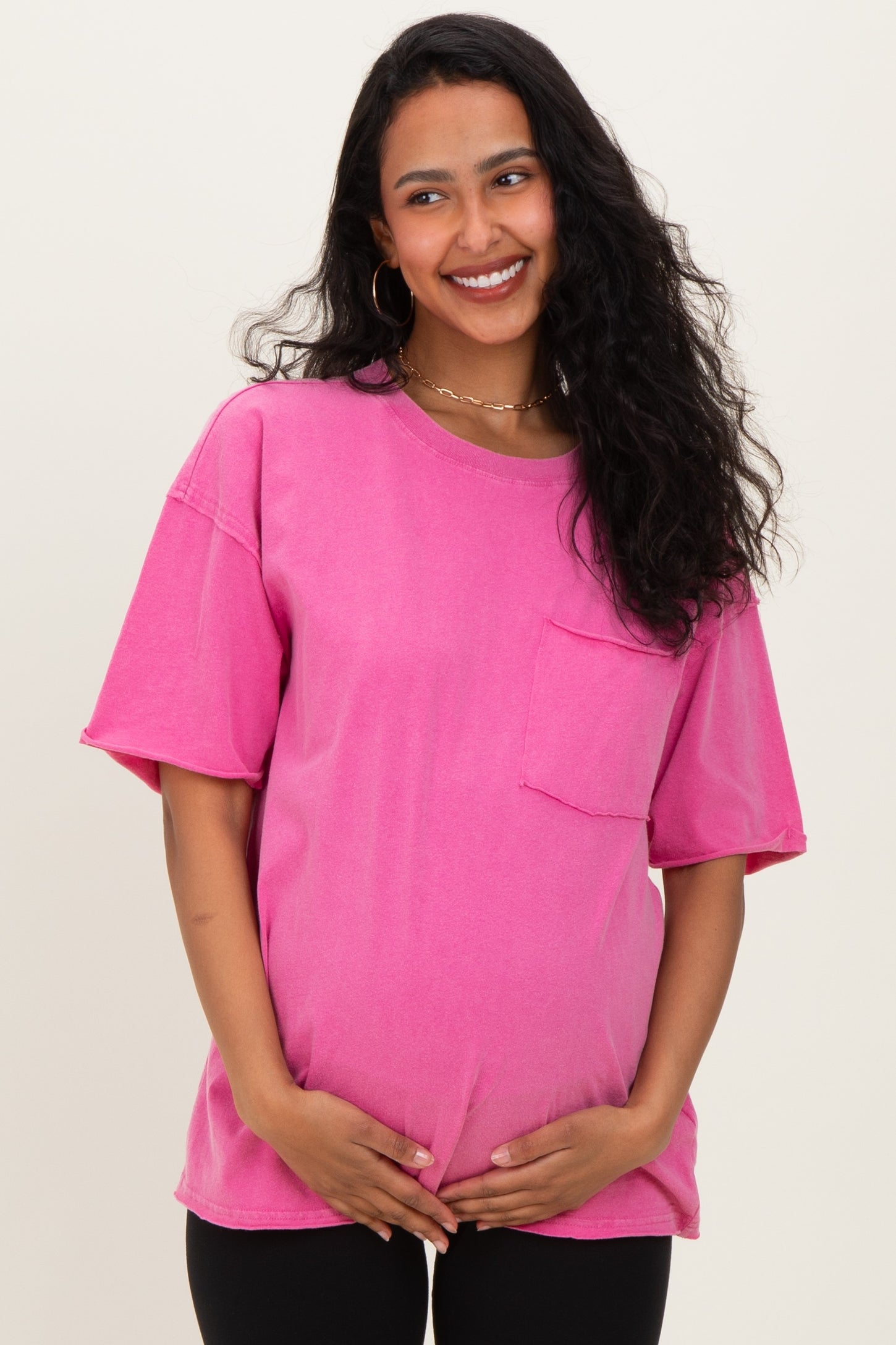 Fuchsia Vintage Wash Raw Edge Pocket Maternity T-Shirt
