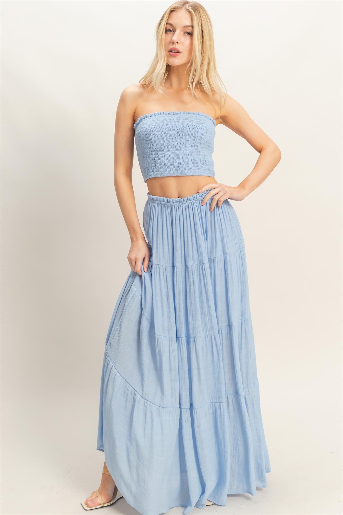 Light Blue Smocked Tube Top Tiered Skirt Set