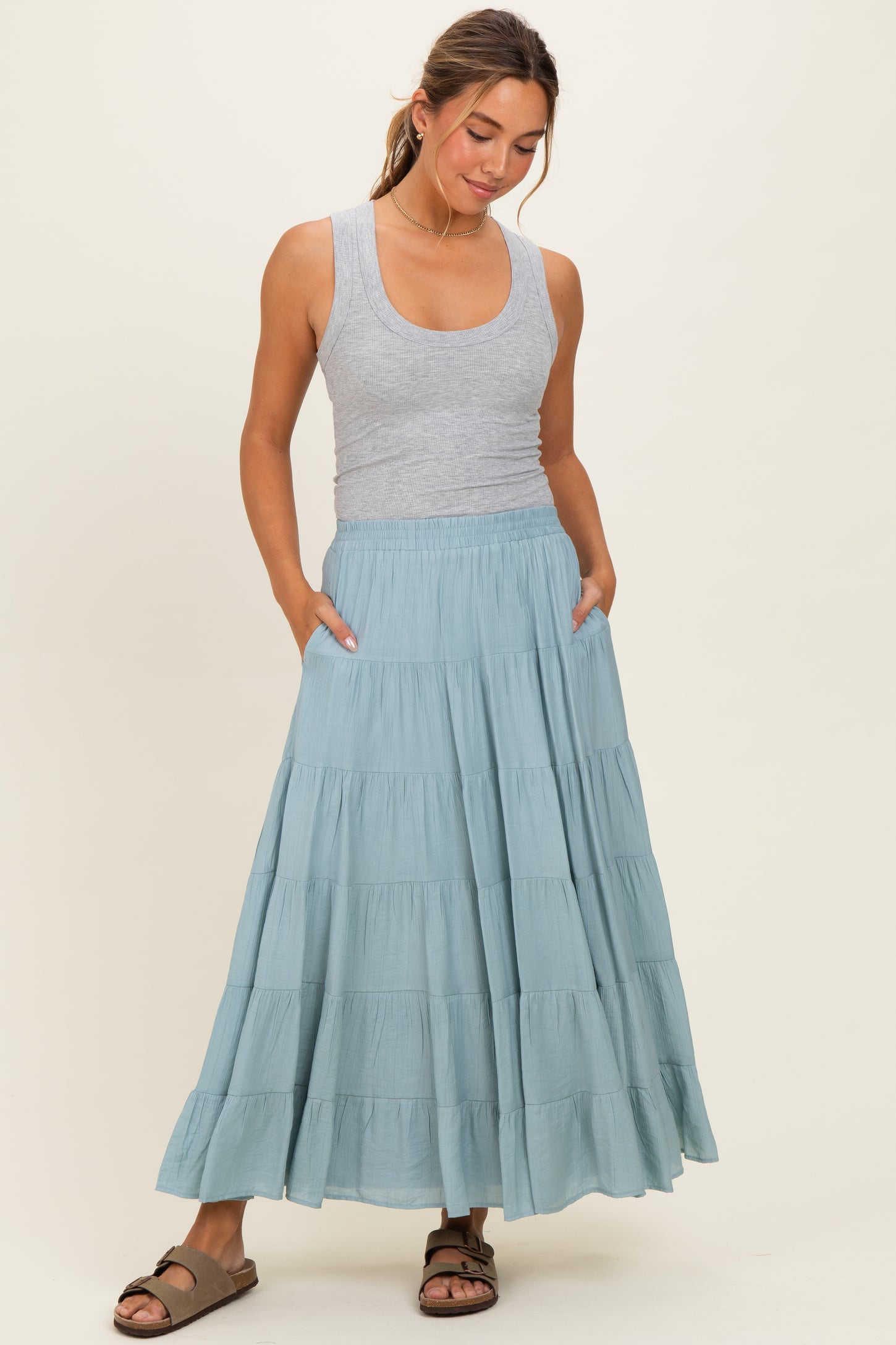 Sage Tiered Maternity Maxi Skirt