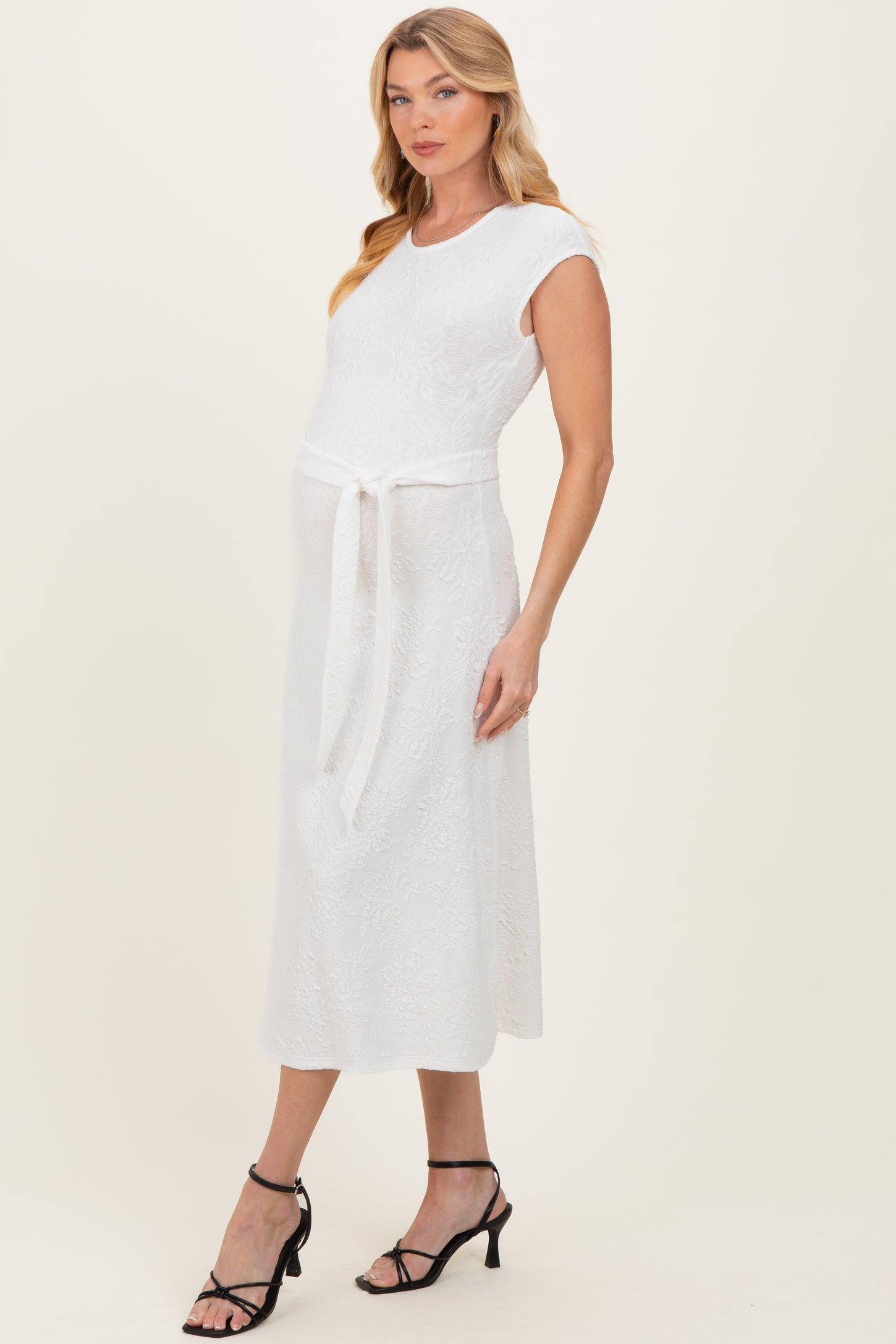 White Jacquard Waist Tie Maternity Midi Dress
