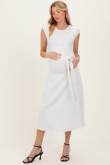 White Jacquard Waist Tie Maternity Midi Dress