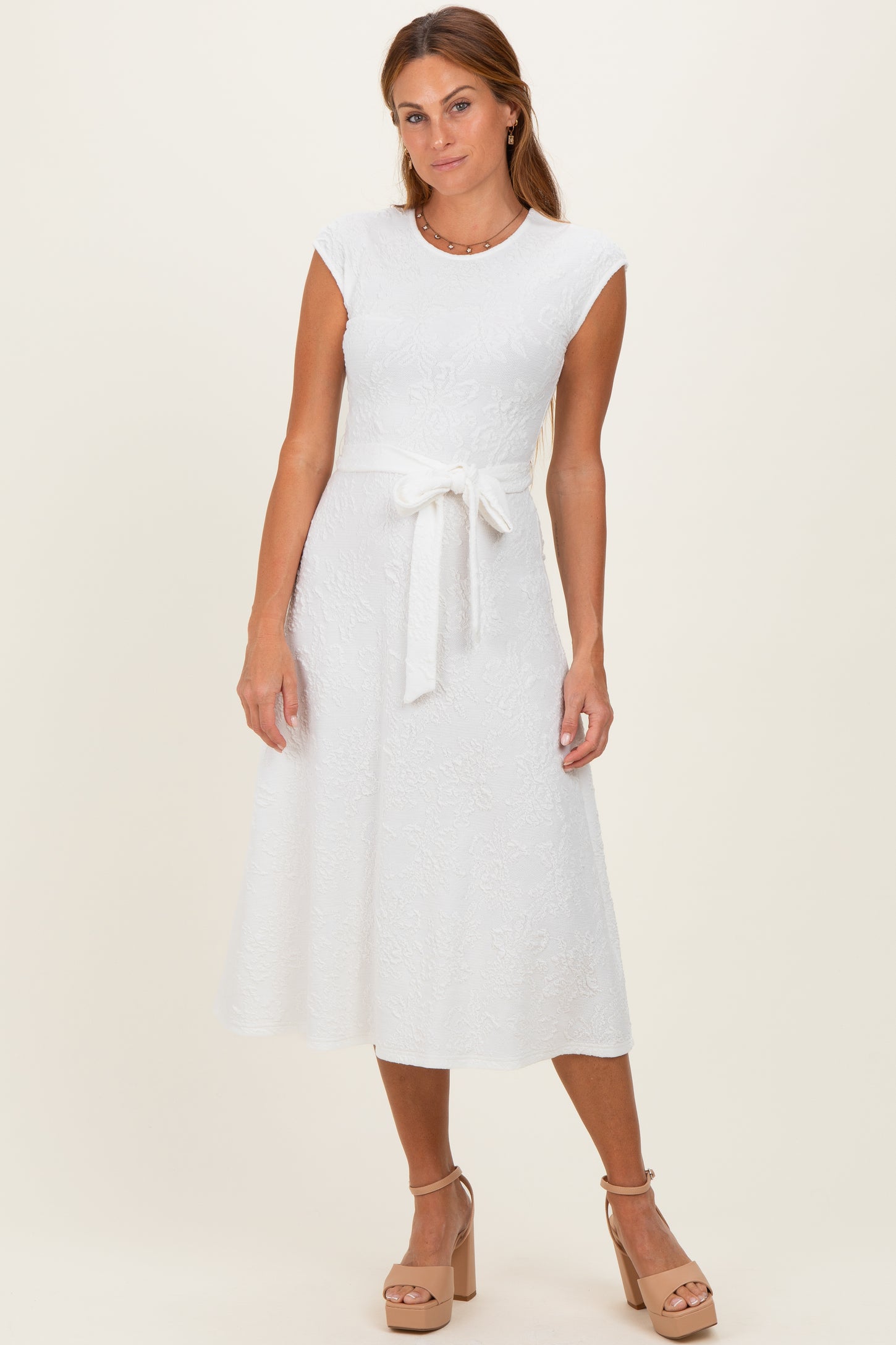 White Jacquard Waist Tie Midi Dress