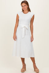 White Jacquard Waist Tie Midi Dress