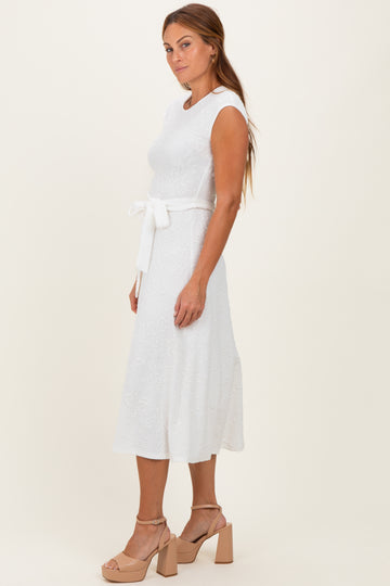 White Jacquard Waist Tie Midi Dress