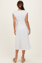 White Jacquard Waist Tie Midi Dress