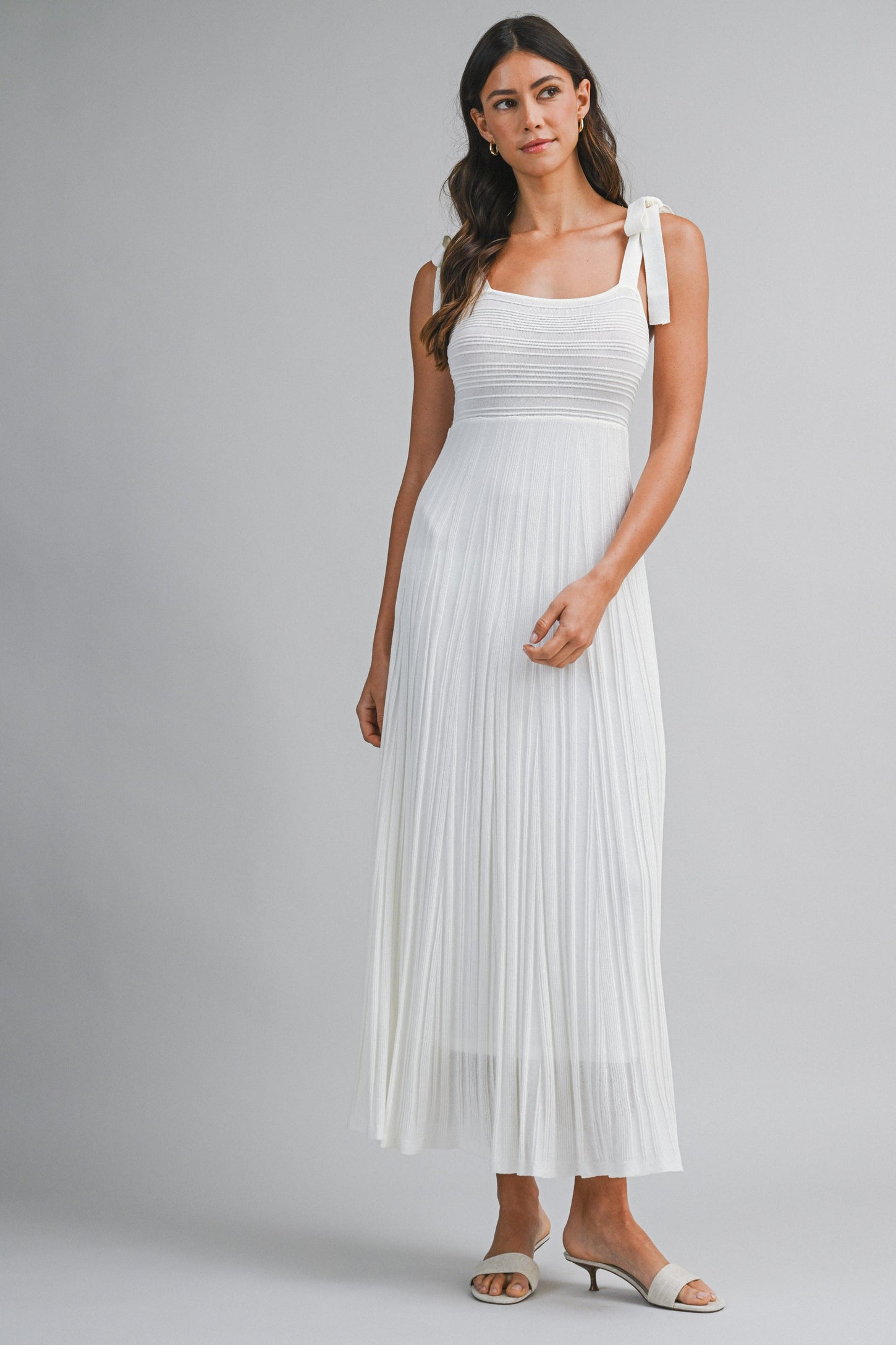 Off White Textured Knit Shoulder Tie Maternity Midi Dress