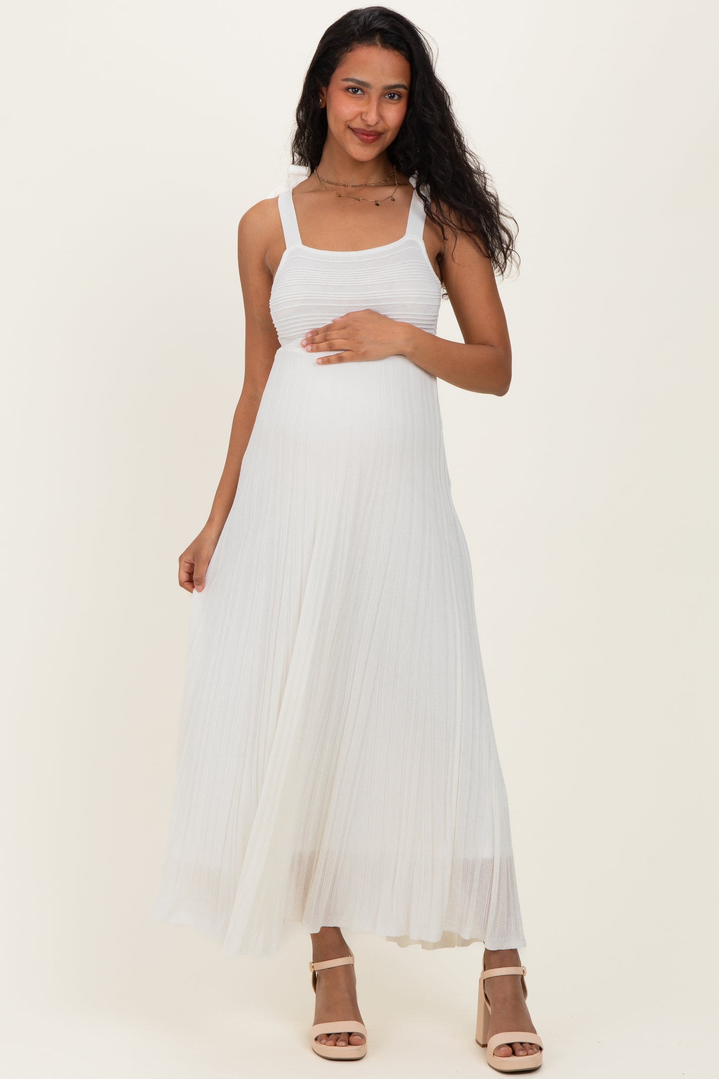 Off White Textured Knit Shoulder Tie Maternity Midi Dress