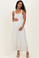 Off White Textured Knit Shoulder Tie Maternity Midi Dress