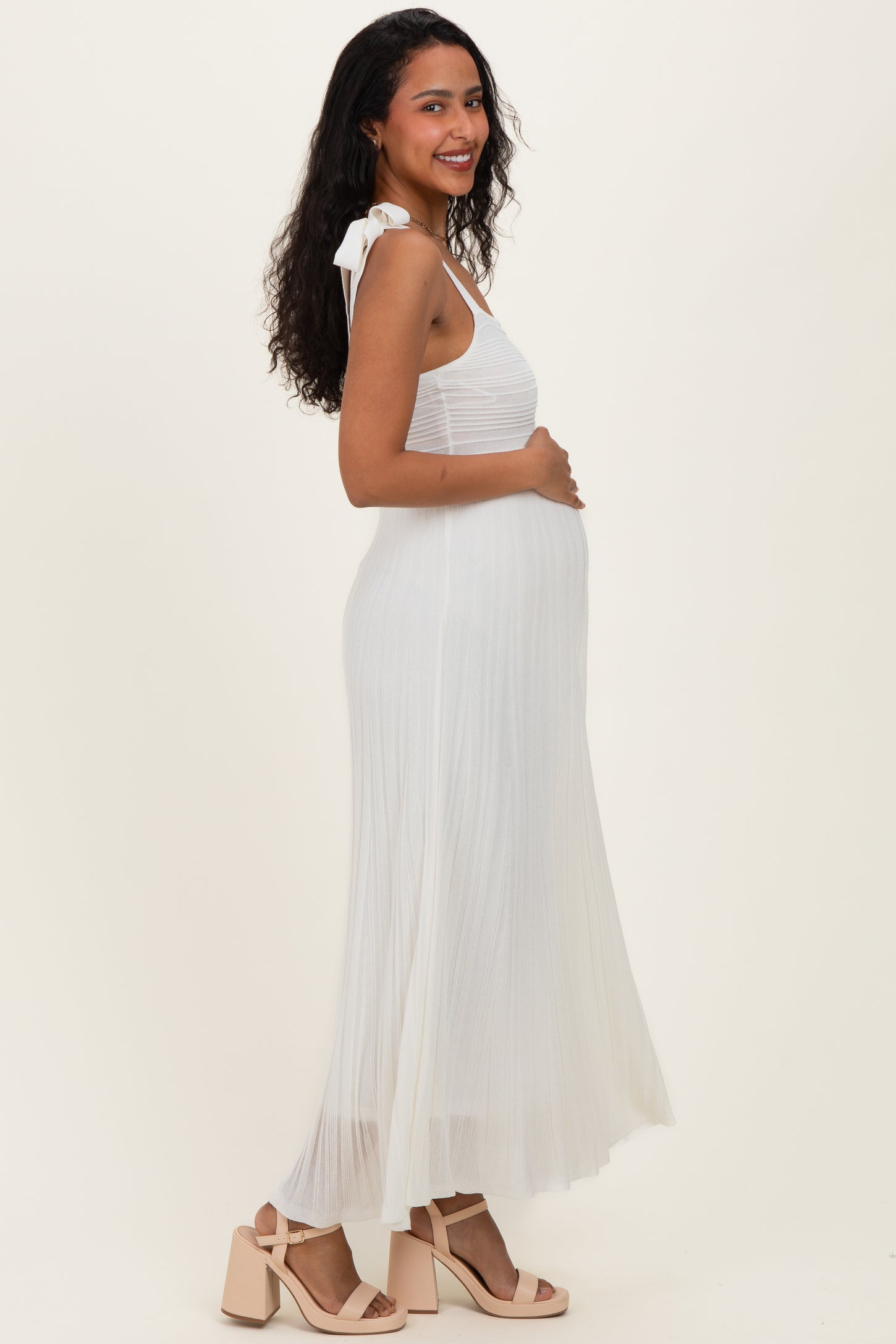 Off White Textured Knit Shoulder Tie Maternity Midi Dress
