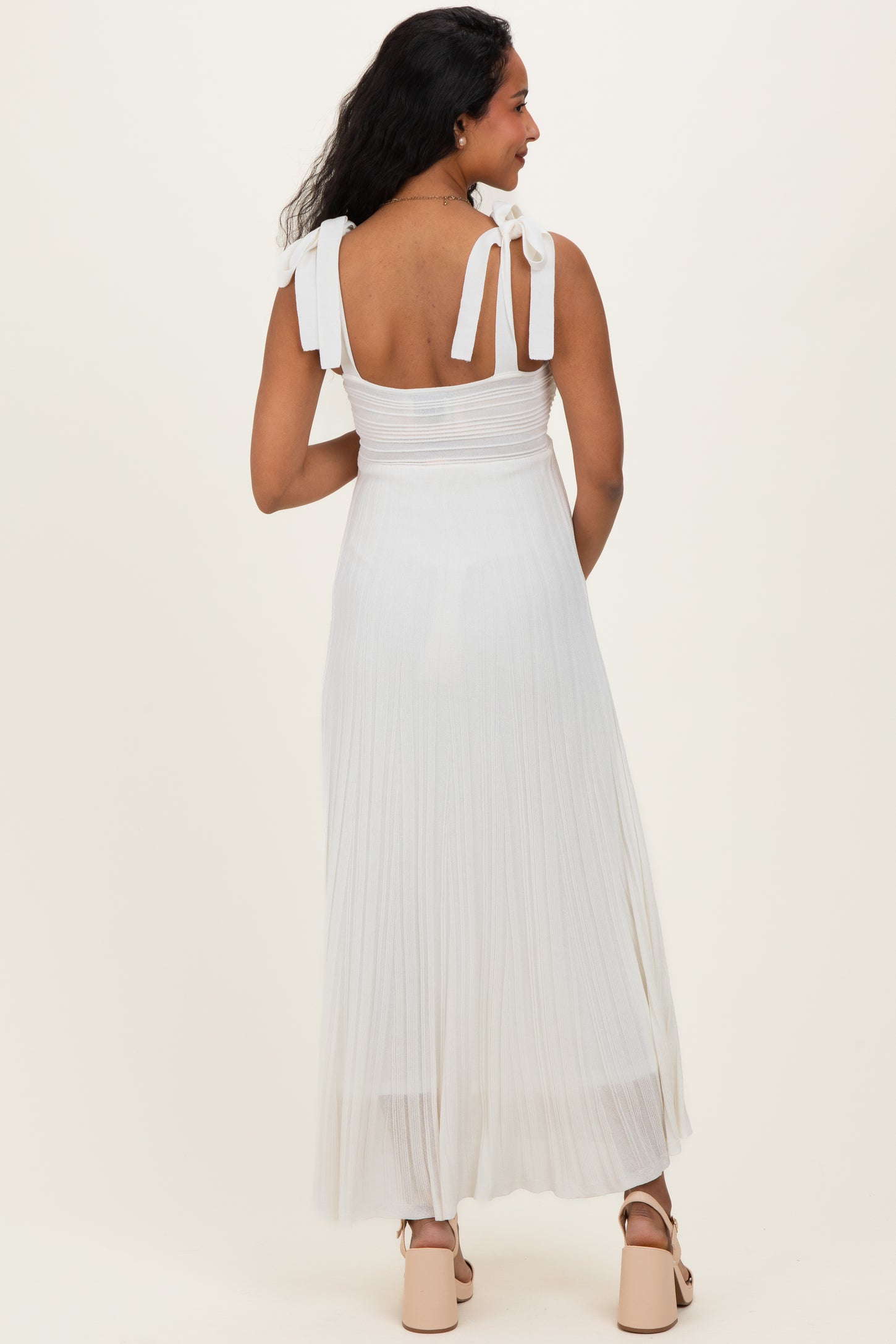 Off White Textured Knit Shoulder Tie Maternity Midi Dress
