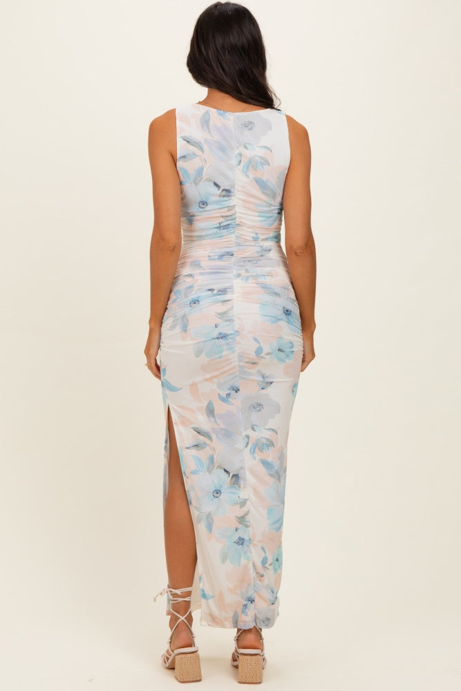 Ivory Floral Ruched Sleeveless Maxi Dress