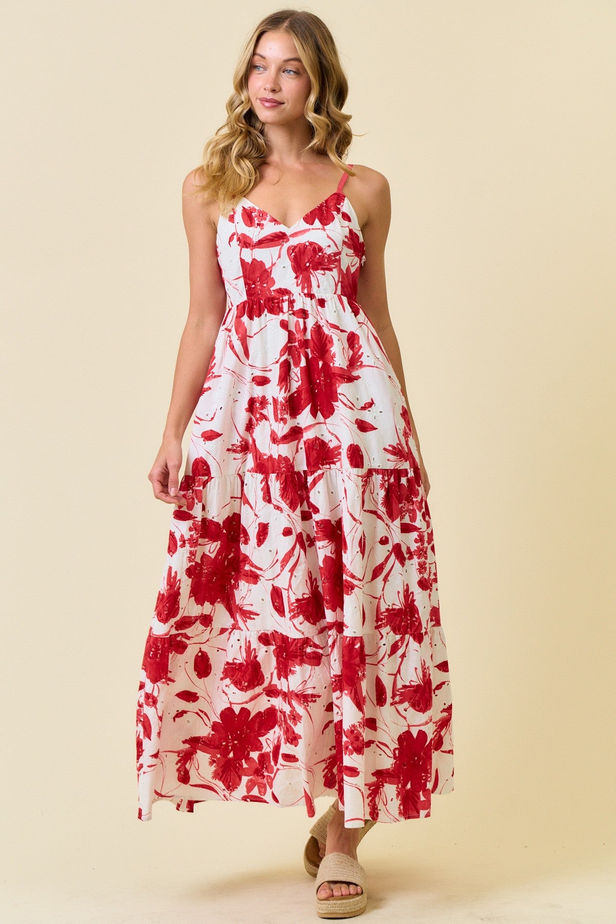 Red Floral Tiered Cutout Tie Back Maxi Dress