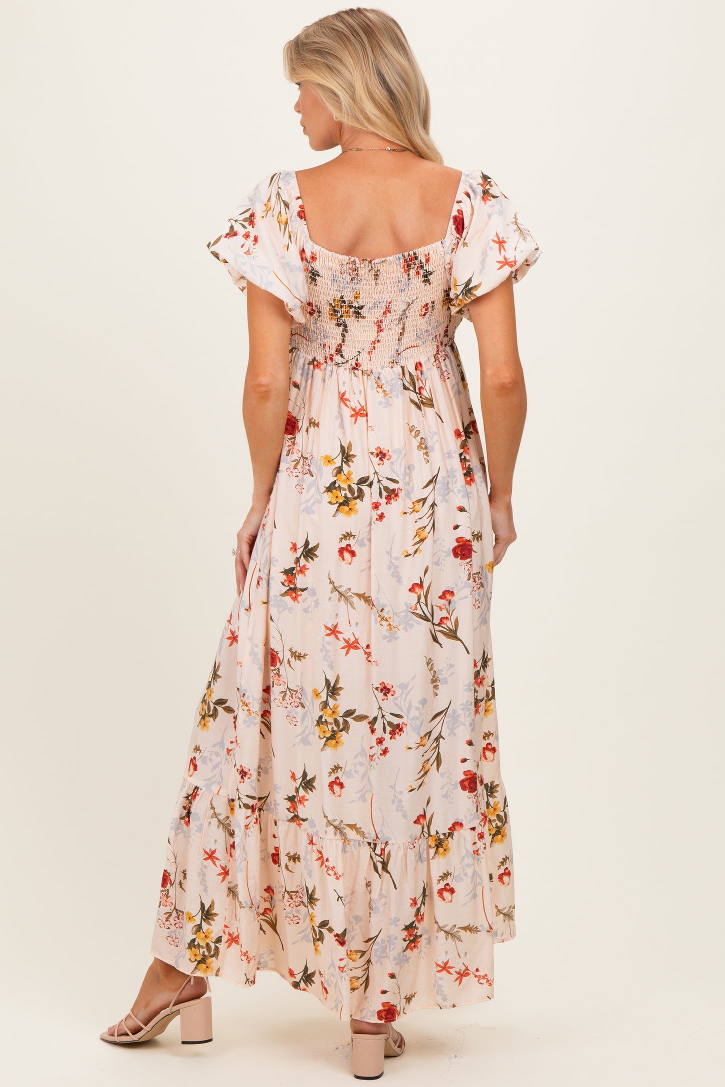Cream Floral Puff Sleeve Maternity Maxi Dress