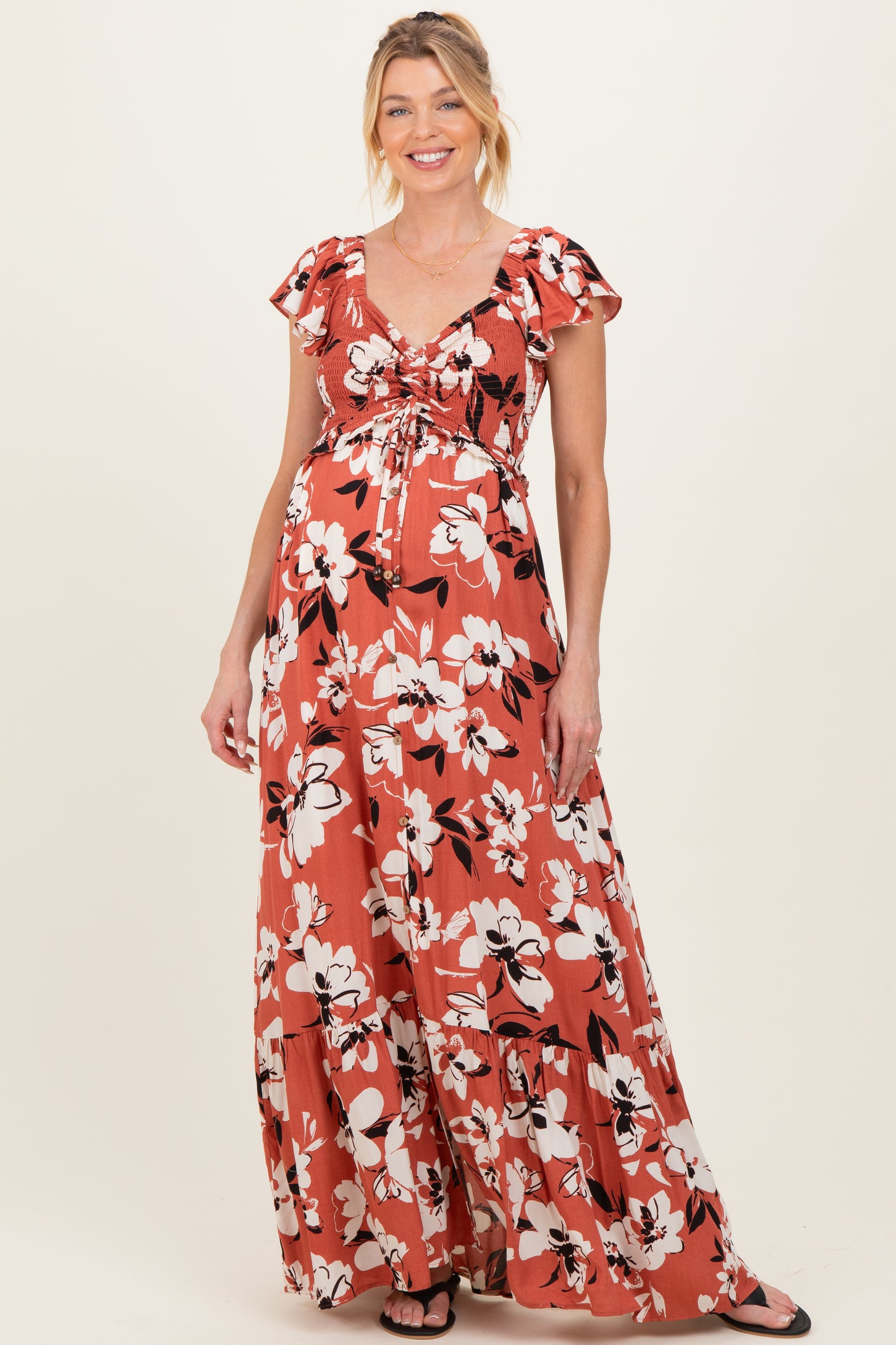Mauve Floral Cinched Smocked Maternity Maxi Dress