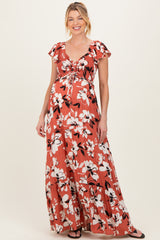 Mauve Floral Cinched Smocked Maternity Maxi Dress