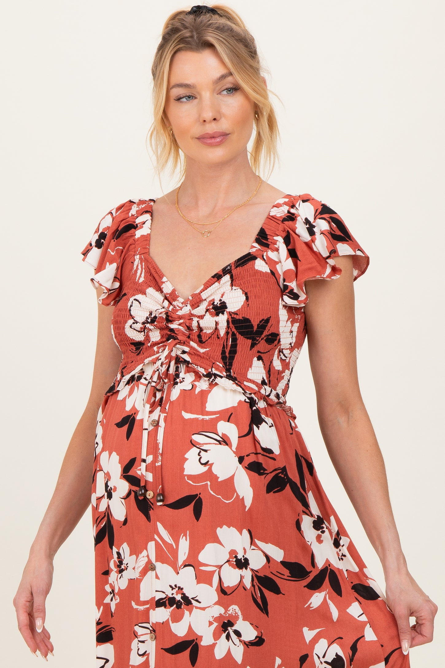 Mauve Floral Cinched Smocked Maternity Maxi Dress