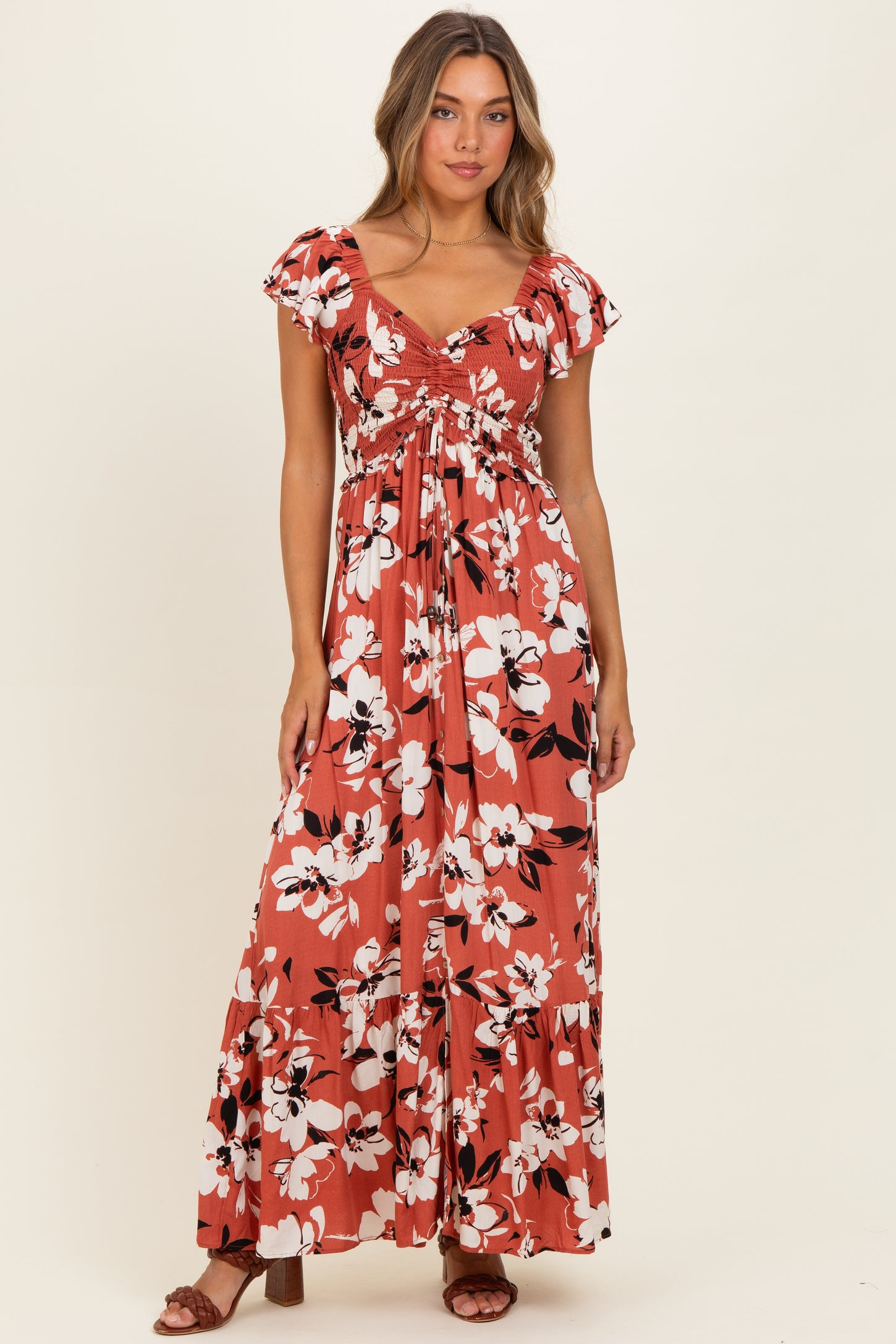 Mauve Floral Cinched Smocked Maternity Maxi Dress