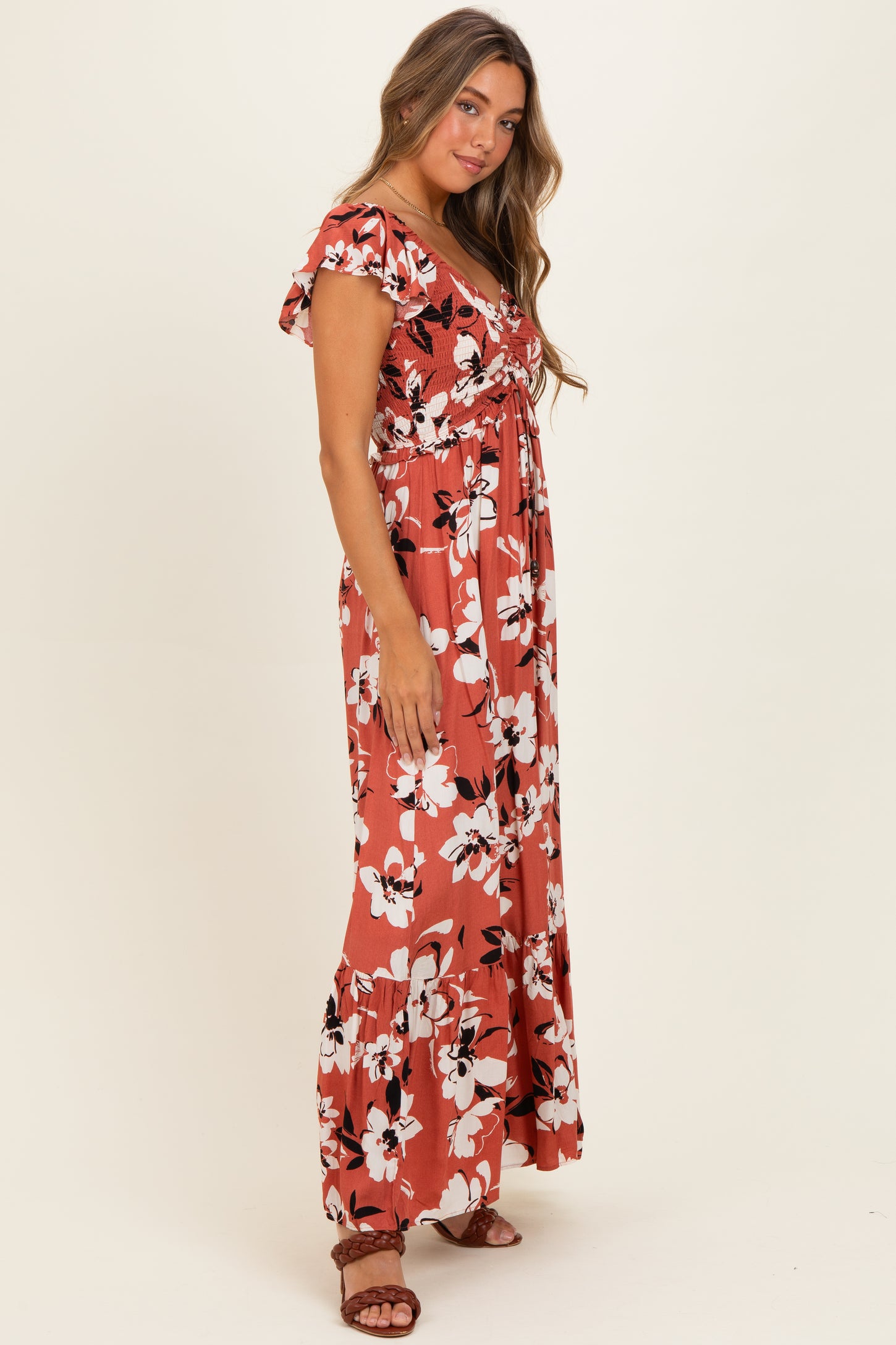 Mauve Floral Cinched Smocked Maxi Dress