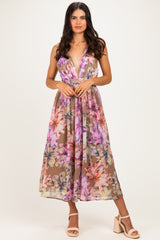 Tan Floral Open Back Midi Dress