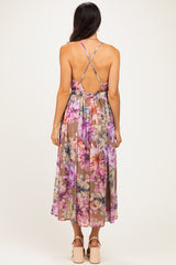 Tan Floral Open Back Midi Dress