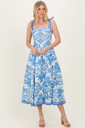 Blue Damask Shoulder Tie Midi Dress