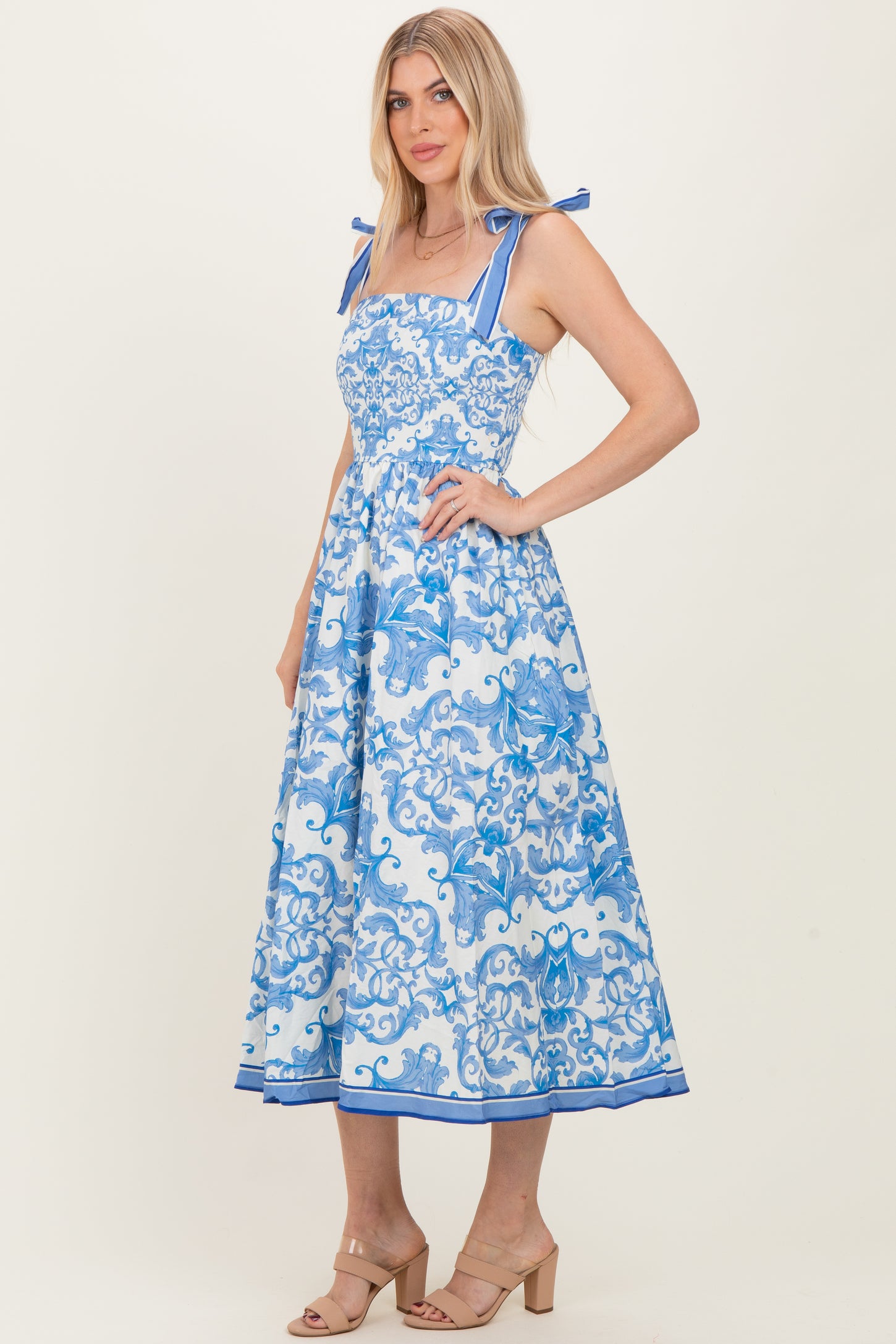 Blue Damask Shoulder Tie Midi Dress