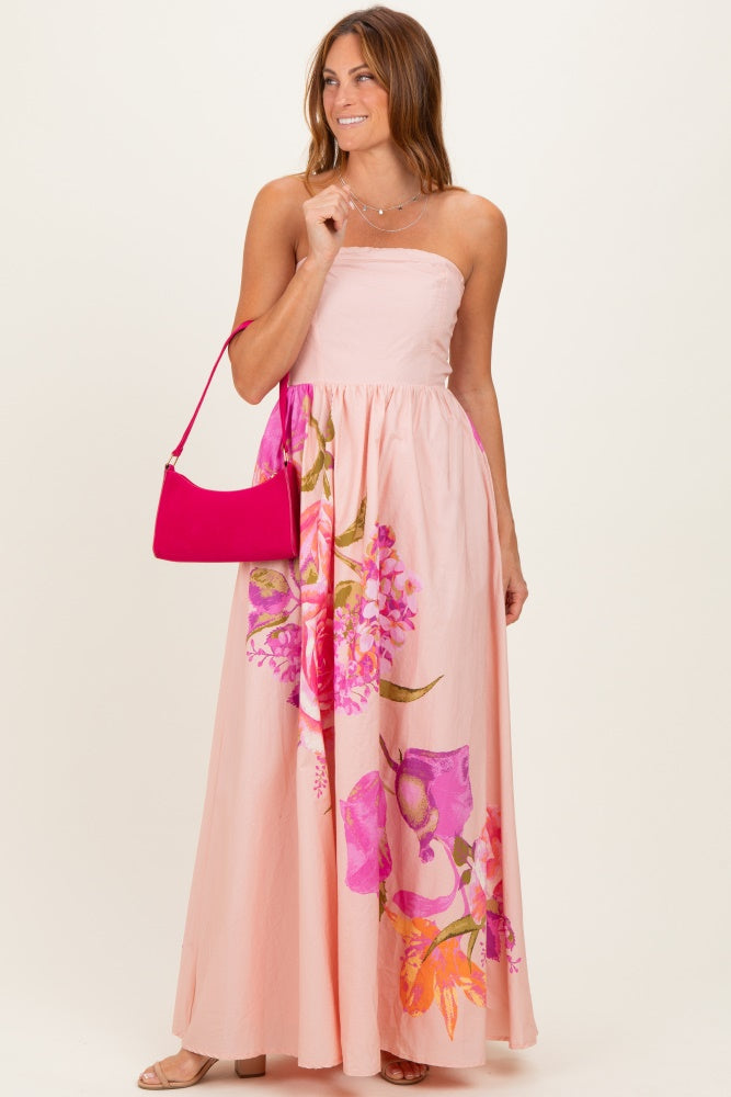 Light Pink Floral Strapless Maternity Maxi Dress
