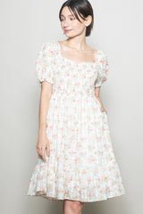 Off White Floral Sweetheart Neck Smocked Midi Dress