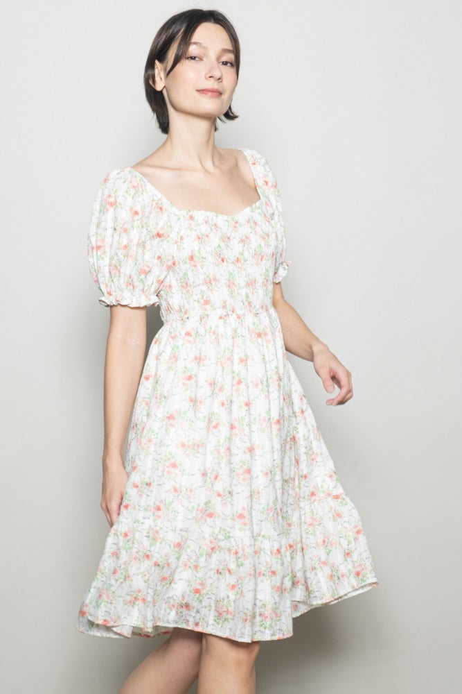 Off White Floral Sweetheart Neck Smocked Midi Dress
