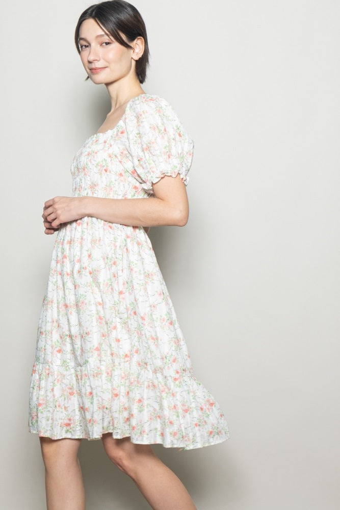 Off White Floral Sweetheart Neck Smocked Midi Dress