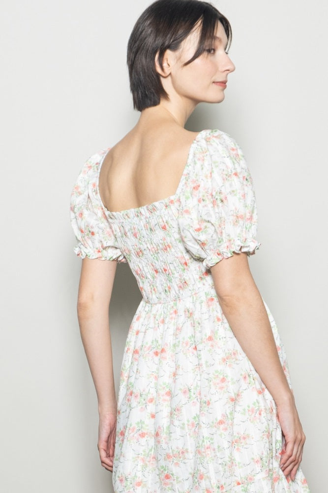 Off White Floral Sweetheart Neck Smocked Midi Dress