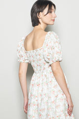Off White Floral Sweetheart Neck Smocked Midi Dress