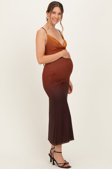 Ombre Brown Mesh Draped Neck Maternity Maxi Dress