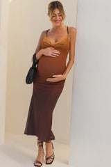 Ombre Brown Mesh Draped Neck Maternity Maxi Dress
