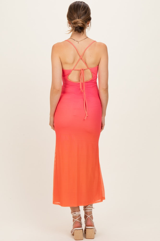 Ombre Coral Mesh Draped Neck Maternity Maxi Dress